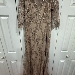 R&M Richards Long Sleeve Embroidered Dress in Tan